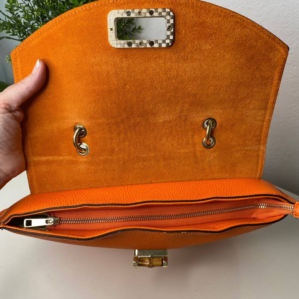 Borse in Pelle Satchel Crossbody Shoulder Bag Croc Emboss Orange Pebble Leather - Picture 6 of 12